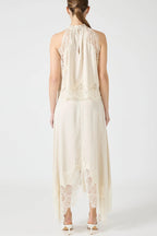 Elegant Lace Pleated Collar Sleeveless Top with Irregular Slit Satin Skirt Set - Perfect for Parties and Vacations