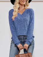 Ribbed Knit V-Neck Long Sleeve T-Shirt