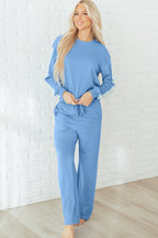 Beau Blue Floral Patchwork Drop Shoulder Pullover & Sweatpants Lounge Set - Cozy & Chic Loungewear