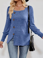 Ribbed Knit Slit Long Sleeve T-Shirt