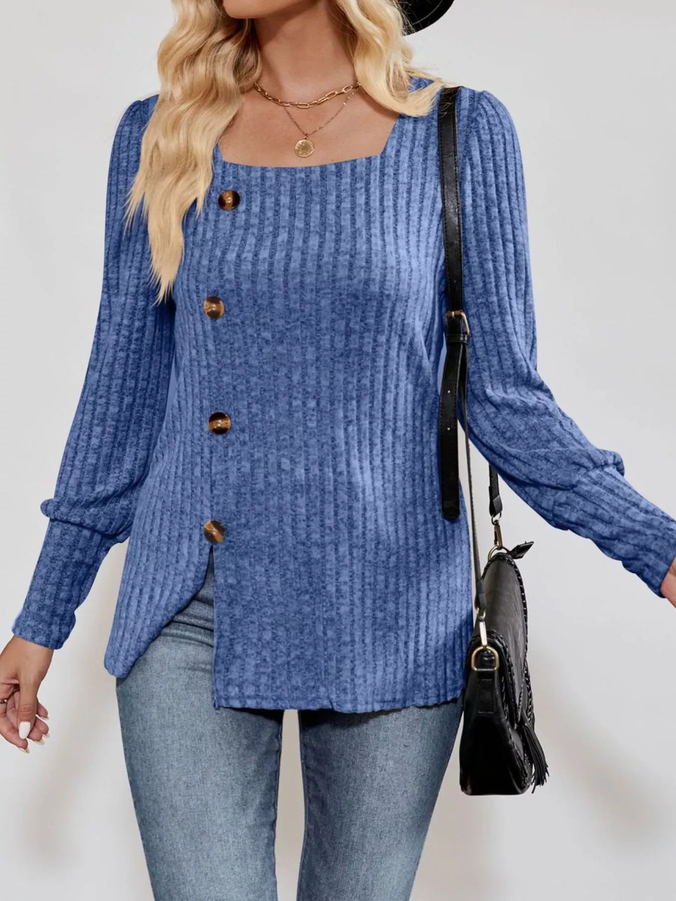 Ribbed Knit Slit Long Sleeve T-Shirt