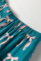 Silky Green Bow Print Long Sleeve Pajama Set with Shorts for Women