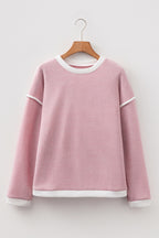 Light Pink Contrast Color Trim Knit Drop Shoulder Loose Top
