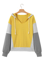 Yellow Stripe Color Block Drawstring V Neck Loose Fit Hooded Top