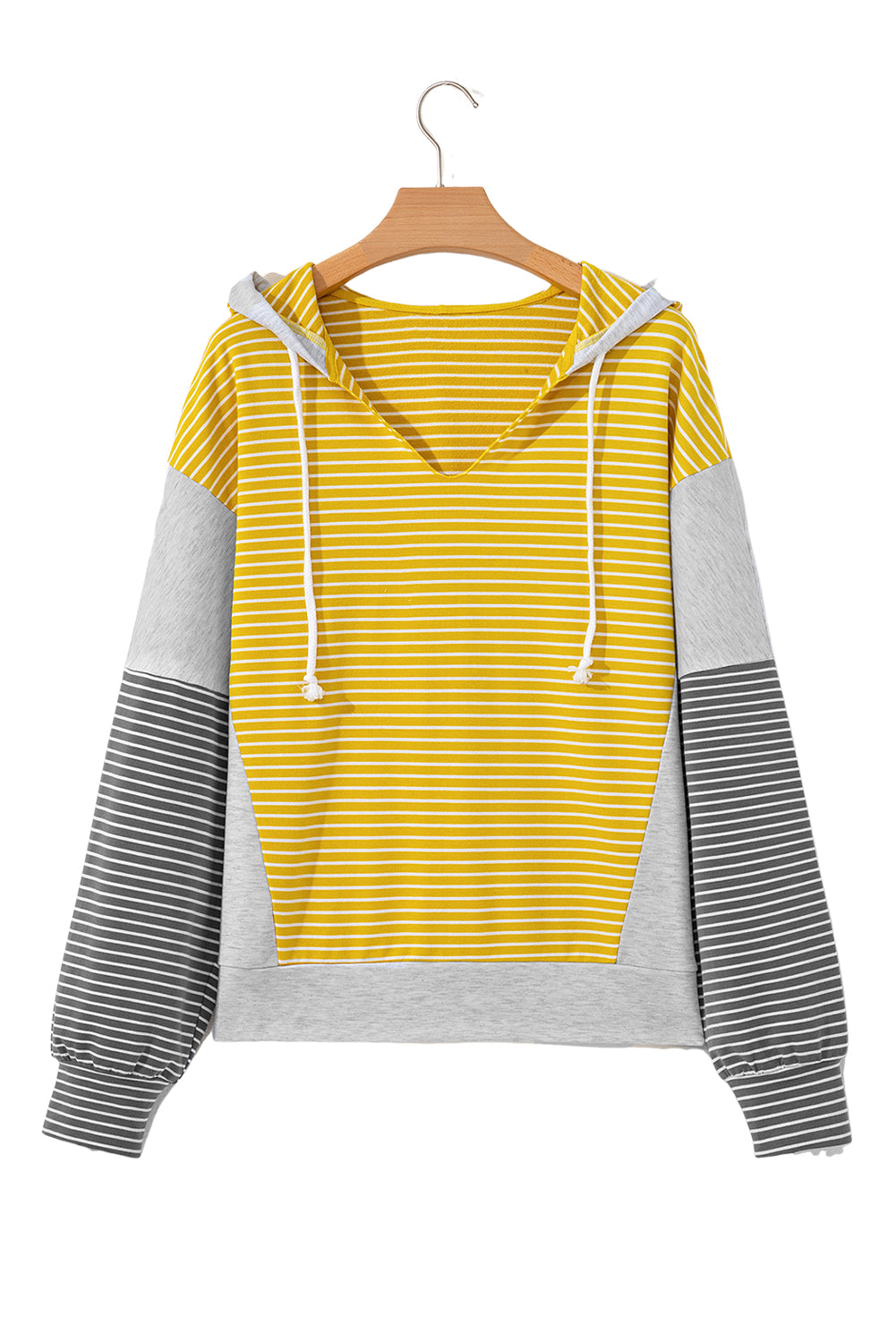Yellow Stripe Color Block Drawstring V Neck Loose Fit Hooded Top