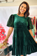 Evergreen Sequin Puff Sleeve High Waist Tiered Velvet Mini Dress