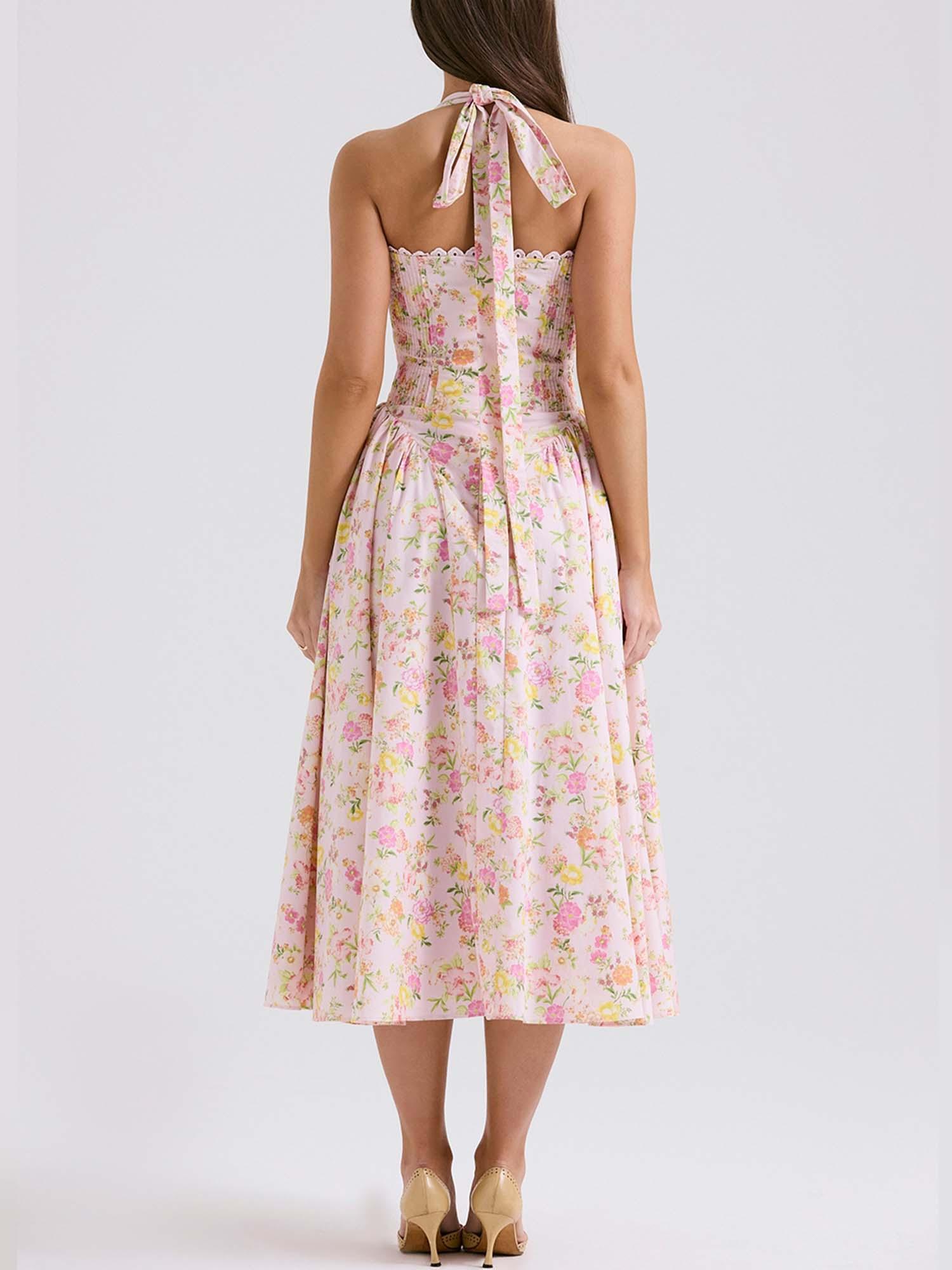 Romantic Floral Print Corset Midi Dress - Vintage Lace-Up Style