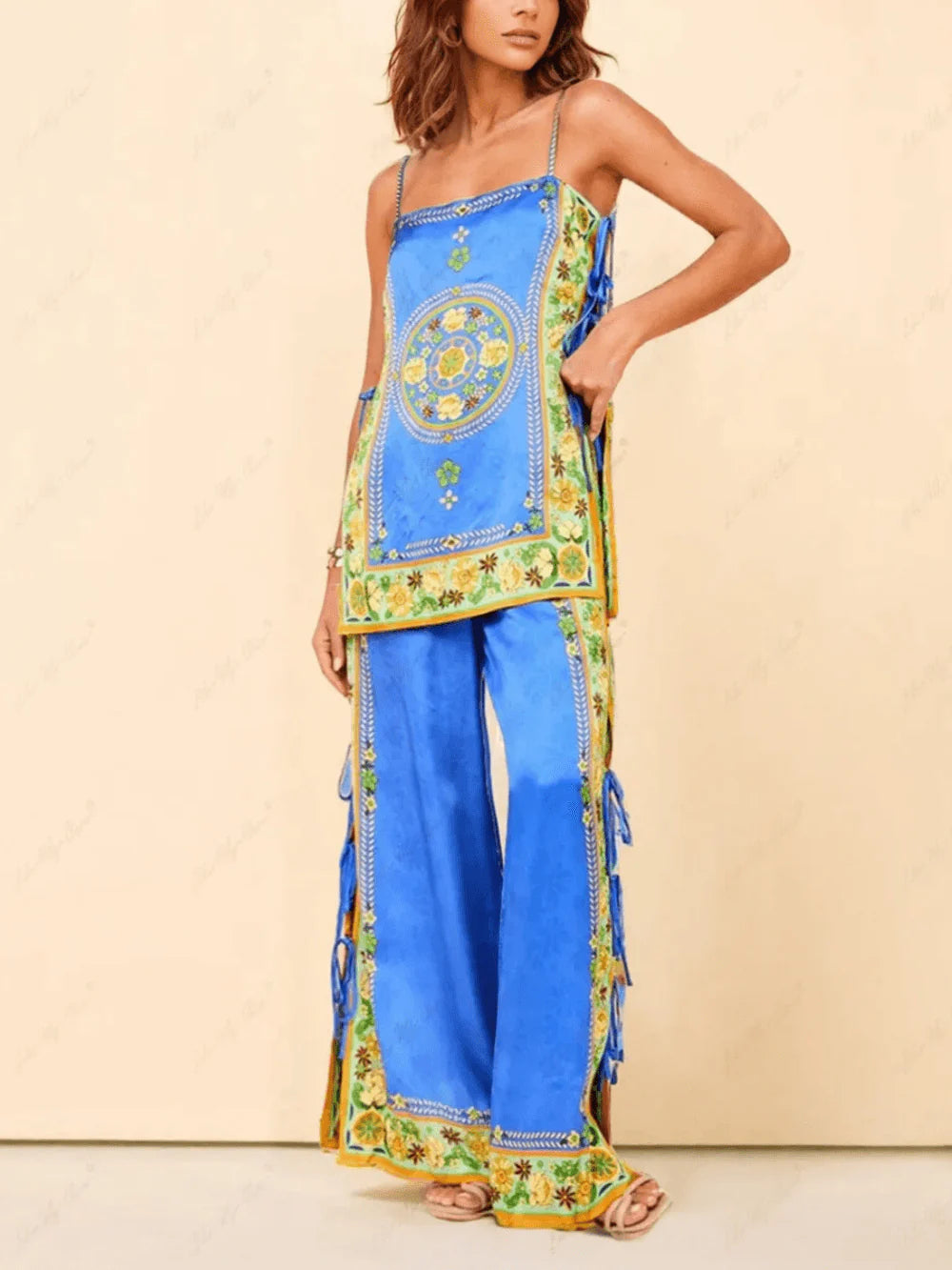 Elegant Mosaic Tile Print Maxi Dress Set - Chic & Comfortable