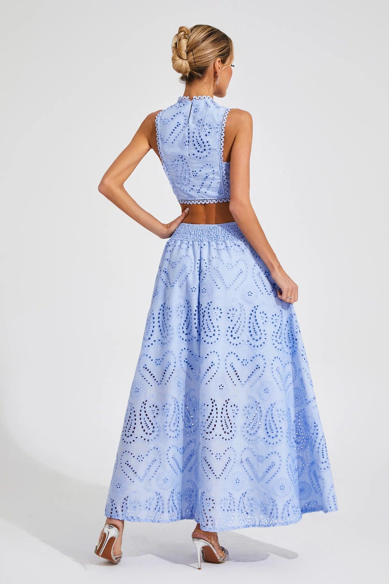 Halia Blue Embroidered Sleeveless Crop Top & Maxi Skirt Set - Elegant British Lace