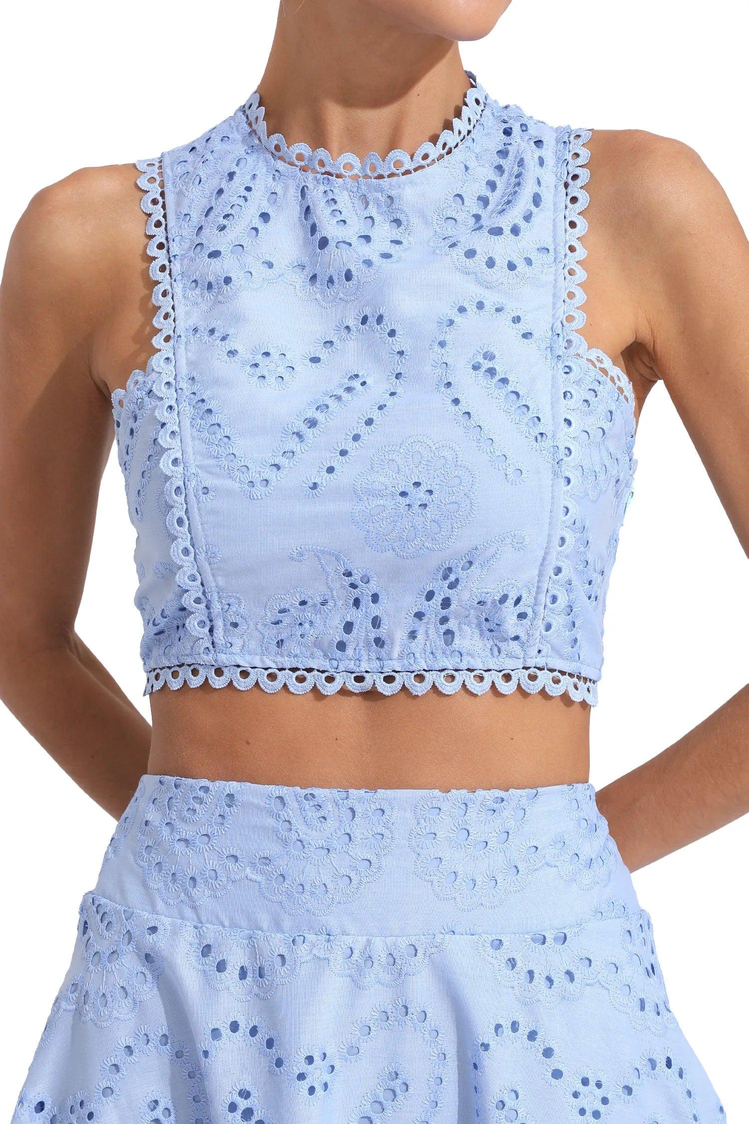 Halia Blue Embroidered Sleeveless Crop Top & Maxi Skirt Set - Elegant British Lace