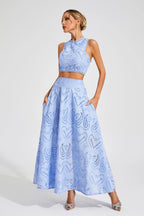 Halia Blue Embroidered Sleeveless Crop Top & Maxi Skirt Set - Elegant British Lace