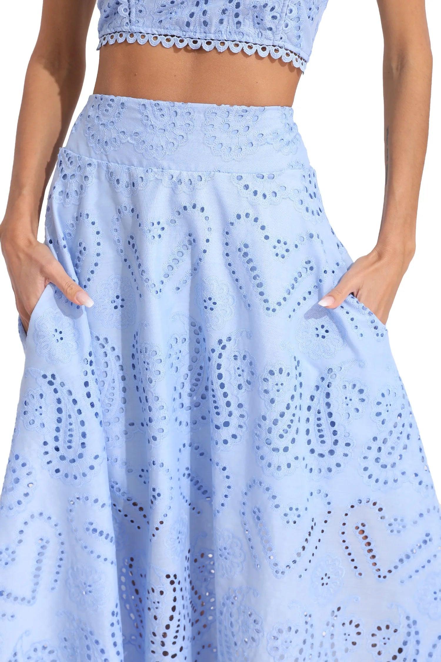 Halia Blue Embroidered Sleeveless Crop Top & Maxi Skirt Set - Elegant British Lace