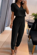Women's Casual V-Neck Printed Short Sleeve Long Pants Two-Piece Set - Comfortable & Stylish Loungewear