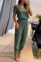 Women's Casual V-Neck Printed Short Sleeve Long Pants Two-Piece Set - Comfortable & Stylish Loungewear
