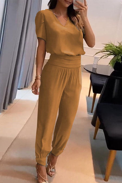 Women's Casual V-Neck Printed Short Sleeve Long Pants Two-Piece Set - Comfortable & Stylish Loungewear