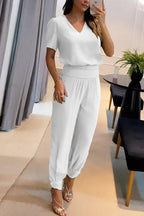 Women's Casual V-Neck Printed Short Sleeve Long Pants Two-Piece Set - Comfortable & Stylish Loungewear