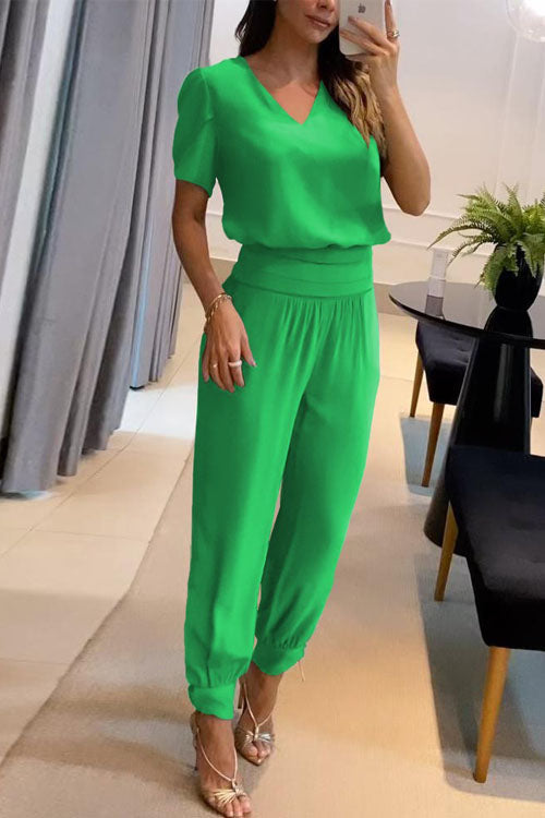 Women's Casual V-Neck Printed Short Sleeve Long Pants Two-Piece Set - Comfortable & Stylish Loungewear