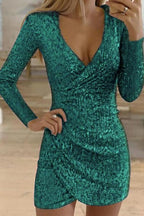 Sparkling Sequin Wrap Dress - Elegant Long Sleeve V-Neck Party Mini Dress