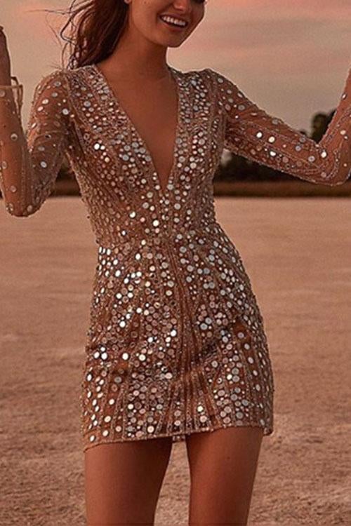Sparkling V Neck Sequin Wrap Mini Dress - Long Sleeve, Sheath Silhouette