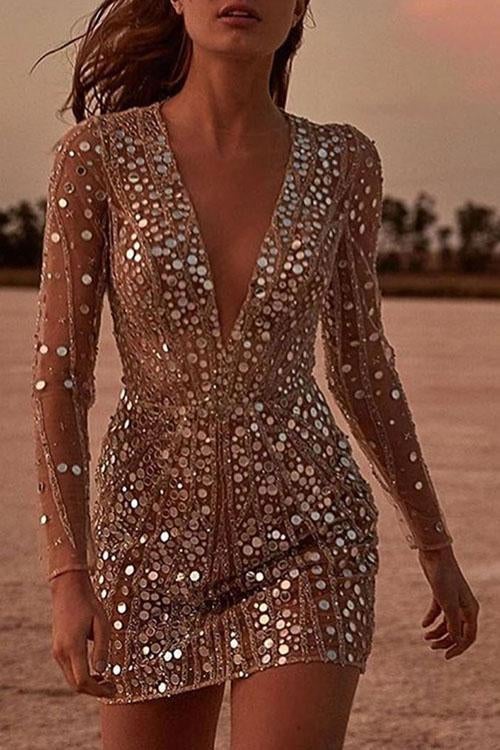 Sparkling V Neck Sequin Wrap Mini Dress - Long Sleeve, Sheath Silhouette