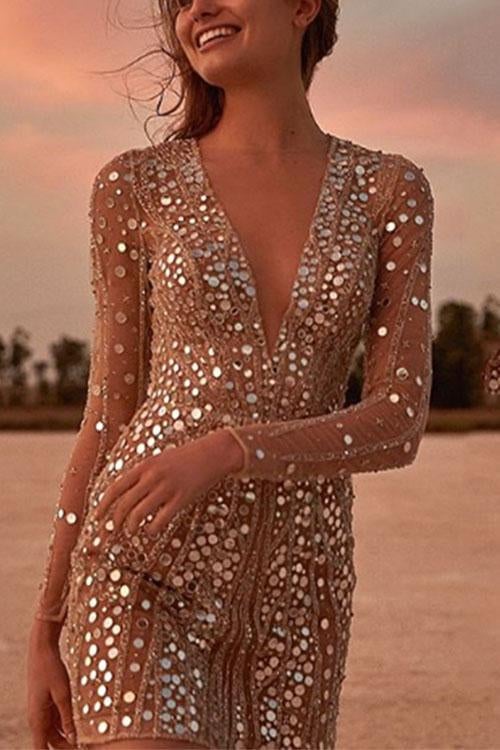 Sparkling V Neck Sequin Wrap Mini Dress - Long Sleeve, Sheath Silhouette