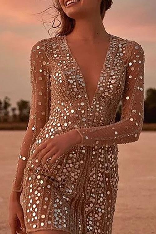 Sparkling V Neck Sequin Wrap Mini Dress - Long Sleeve, Sheath Silhouette