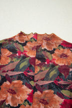 Multicolour Floral Print Lettuce Trim Long Sleeve Mesh Top
