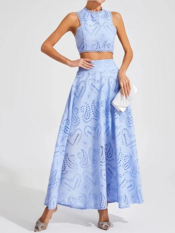 Halia Blue Embroidered Sleeveless Crop Top & Matching Maxi Skirt Set