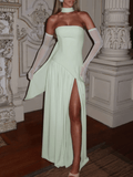 Strapless Patchwork Maxi Dress - Elegant Mint Evening Gown with Lace-Up Back and Thigh-High Split