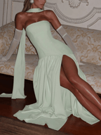 Strapless Patchwork Maxi Dress - Elegant Mint Evening Gown with Lace-Up Back and Thigh-High Split