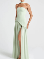 Strapless Patchwork Maxi Dress - Elegant Mint Evening Gown with Lace-Up Back and Thigh-High Split