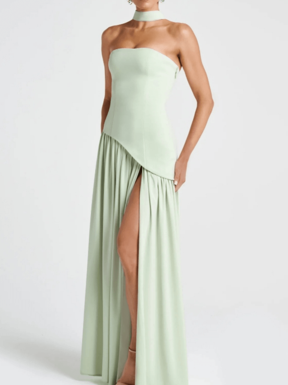Strapless Patchwork Maxi Dress - Elegant Mint Evening Gown with Lace-Up Back and Thigh-High Split