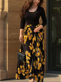 Chic Yellow Floral Printed Pleated Skirt and Long Sleeve Top Set for Women