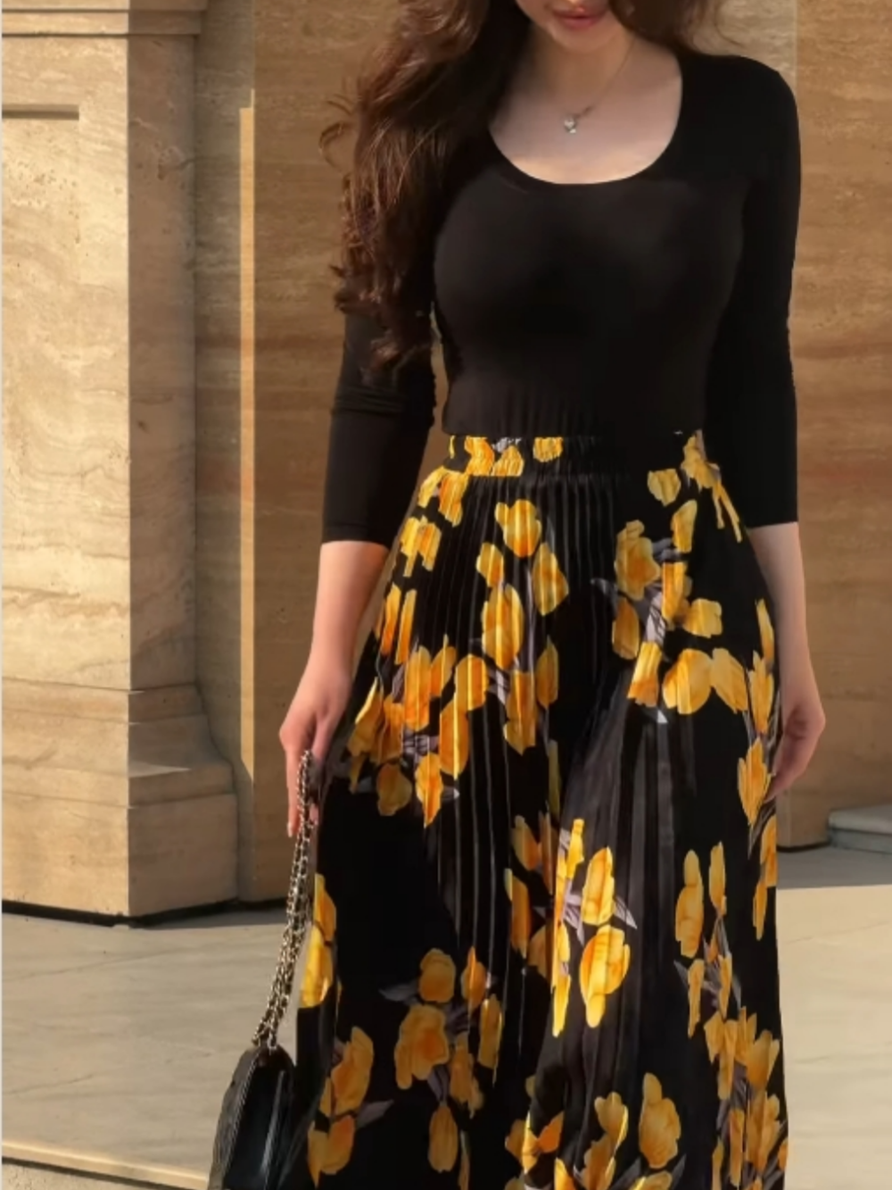 Chic Yellow Floral Printed Pleated Skirt and Long Sleeve Top Set for Women