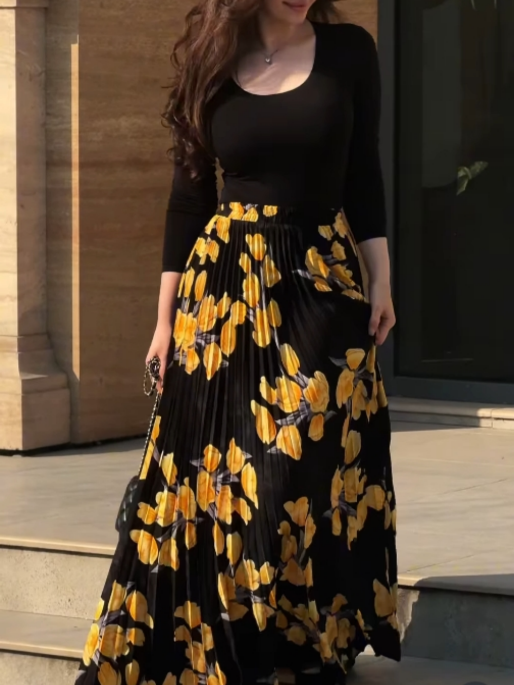 Chic Yellow Floral Printed Pleated Skirt and Long Sleeve Top Set for Women