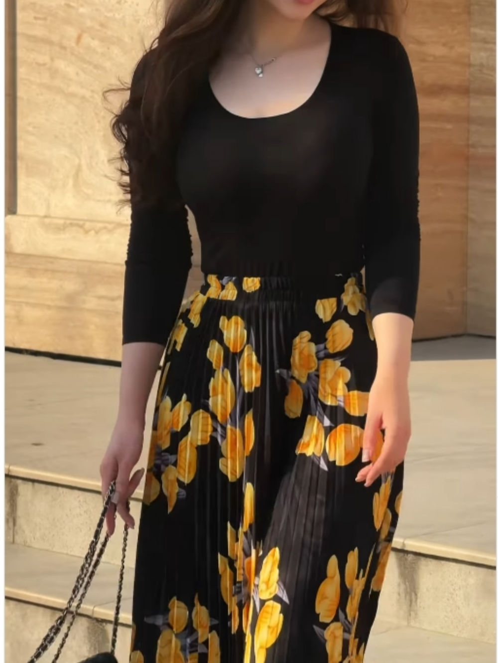 Chic Yellow Floral Printed Pleated Skirt and Long Sleeve Top Set for Women