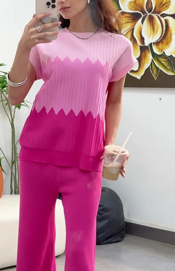 Chic Contrast Color Crew Neck Sweater & Wide Leg Pants Suit - Stylish Two-Piece Set