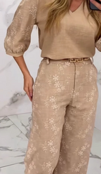 Elegant Embroidery Texture Patchwork Suit with V-Neck and Three-Quarter Sleeves