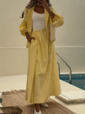 Stylish Yellow Striped Casual Two-Piece Set - Lightweight Polyester Jacket and Elastic Waist Skirt