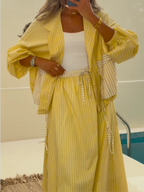 Stylish Yellow Striped Casual Two-Piece Set - Lightweight Polyester Jacket and Elastic Waist Skirt