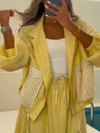 Stylish Yellow Striped Casual Two-Piece Set - Lightweight Polyester Jacket and Elastic Waist Skirt