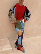 Abstract Geometric Pattern V-Neck Long Sleeve Knit Cardigan Jacket