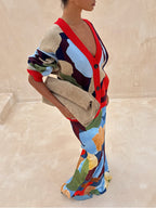 Abstract Geometric Pattern V-Neck Long Sleeve Knit Cardigan Jacket