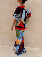 Abstract Geometric Pattern V-Neck Long Sleeve Knit Cardigan Jacket