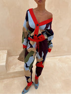 Abstract Geometric Pattern V-Neck Long Sleeve Knit Cardigan Jacket