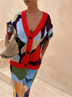 Abstract Geometric Pattern V-Neck Long Sleeve Knit Cardigan Jacket