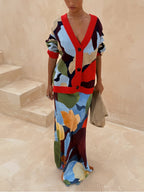 Abstract Geometric Pattern V-Neck Long Sleeve Knit Cardigan Jacket