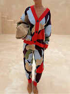 Abstract Geometric Pattern V-Neck Long Sleeve Knit Cardigan Jacket