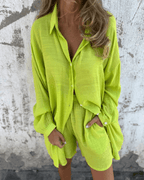 Women's Casual Long Sleeve Button-Up Shirt and High-Waisted Shorts Set - Comfortable & Chic Loungewear