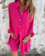 Women's Casual Long Sleeve Button-Up Shirt and High-Waisted Shorts Set - Comfortable & Chic Loungewear